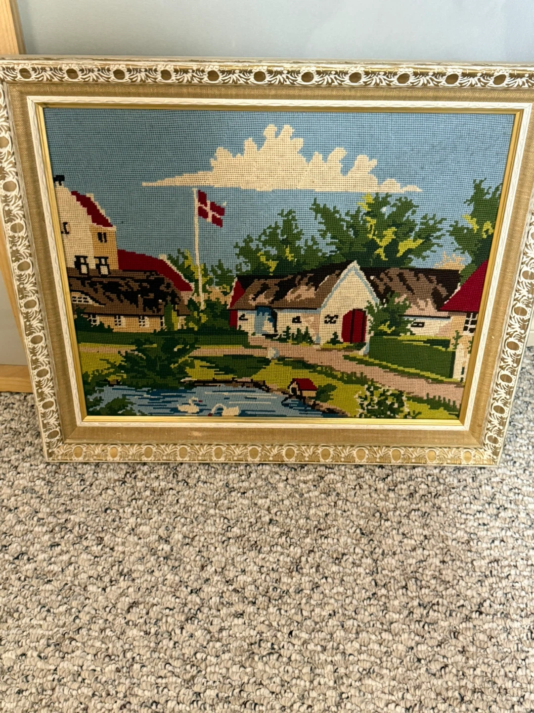Framed Needlepoint of Danish Farm Scene