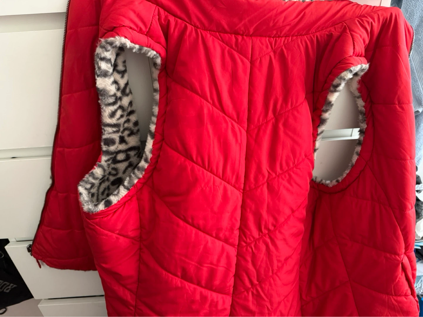 Leopard Print Faux Fur Lining with Red Puffer Vest inside - photo 2