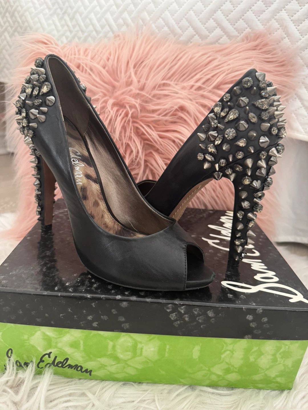 Sam Edelman Black Studded Peep-Toe Heels