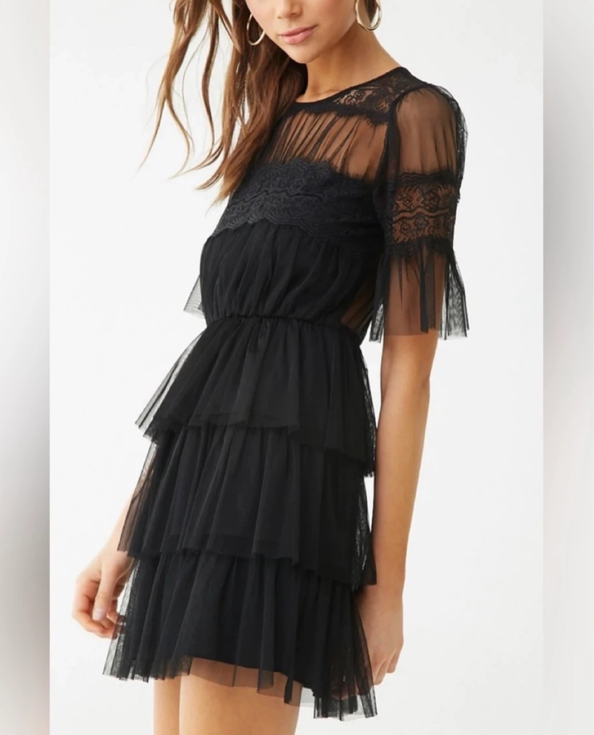 Forever 21 Chiffon Lace Ruffled Mini Shirtdress size M