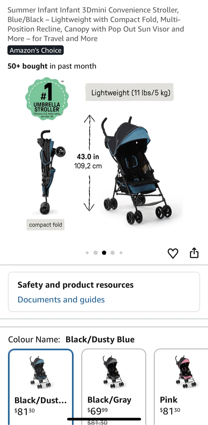 Summer Infant 3Dmini Convenience Stroller - Black/Dusty Blue - photo 3