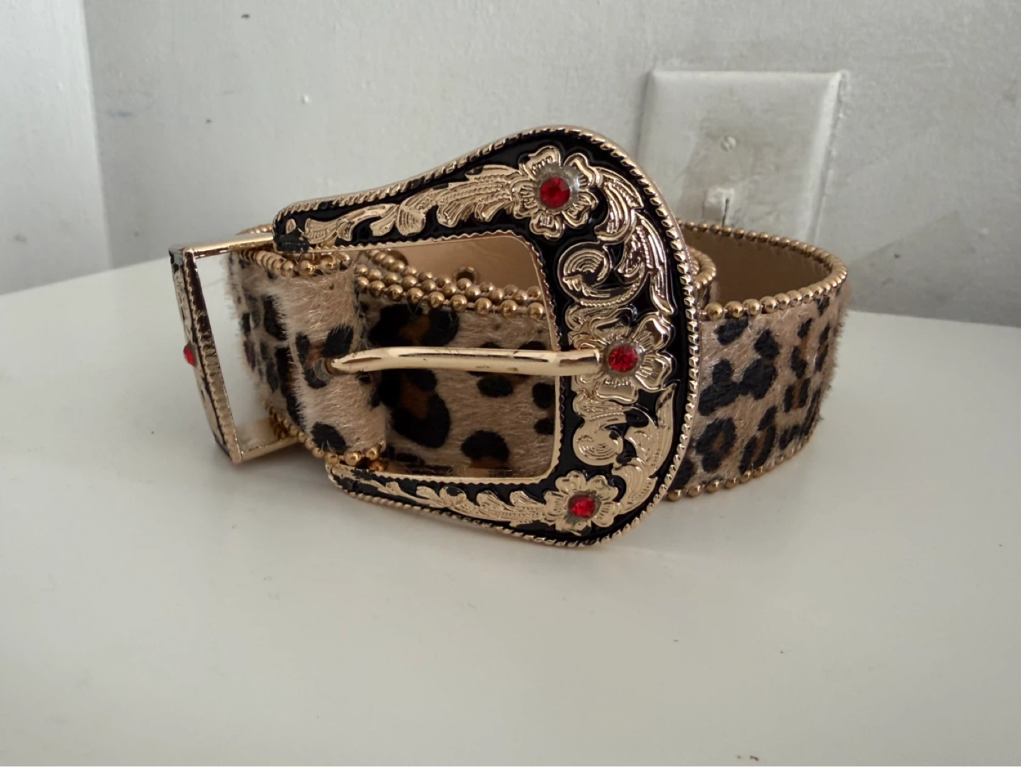 Leopard Print Western Belt with Gold Buckle and Red Jewels - photo 2