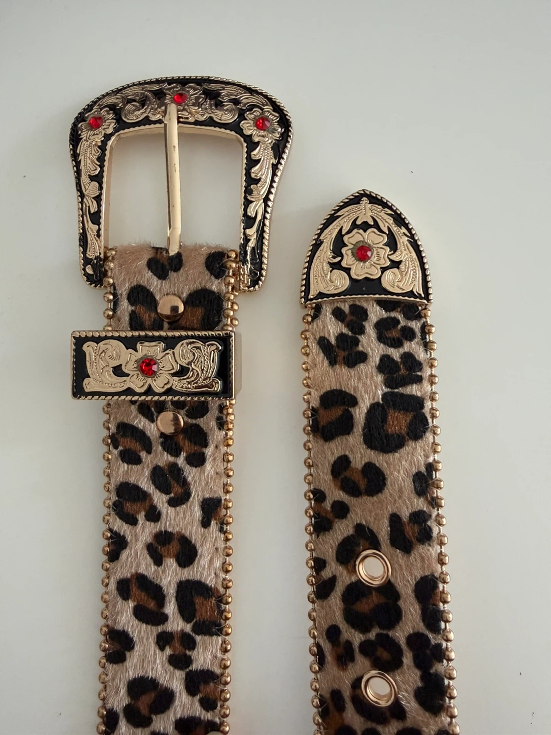 Leopard Print Western Belt with Gold Buckle and Red Jewels