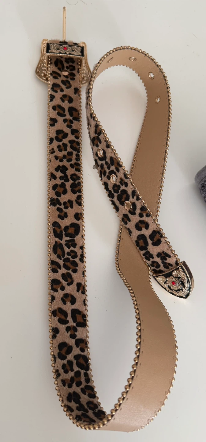 Leopard Print Western Belt with Gold Buckle and Red Jewels - photo 3