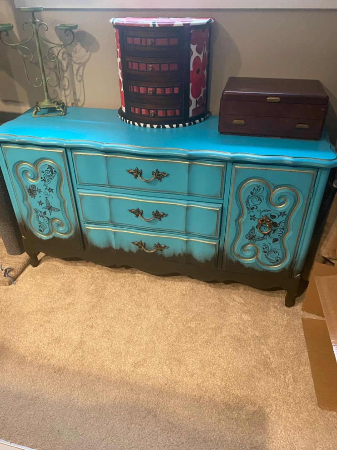 Turquoise & Gold Decorative Sideboard with Floral Accents