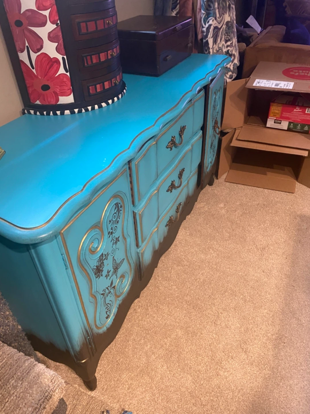 Turquoise & Gold Decorative Sideboard with Floral Accents - photo 2