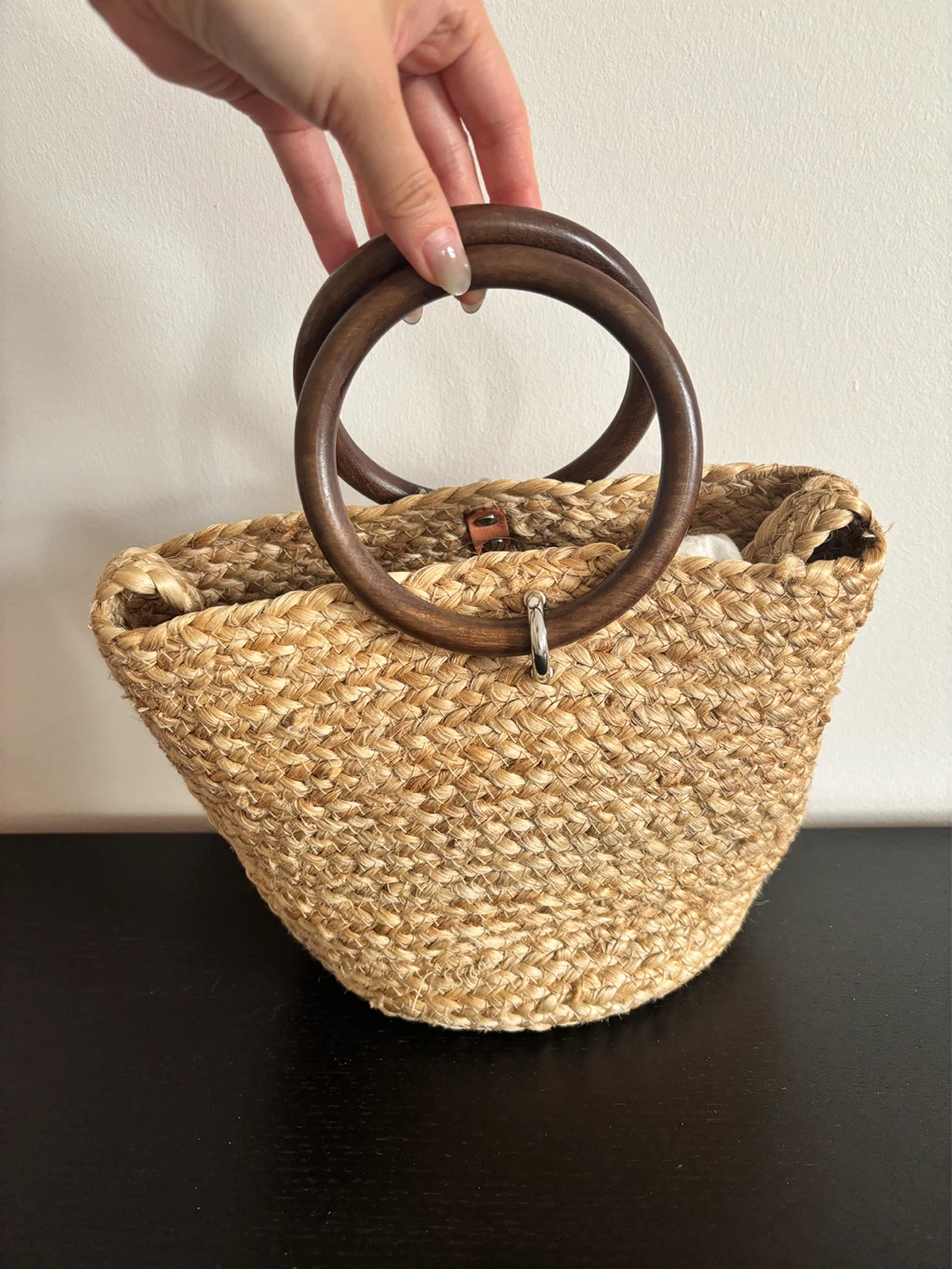 Zara Trafaluc Jute Bucket Bag with Wooden Handles