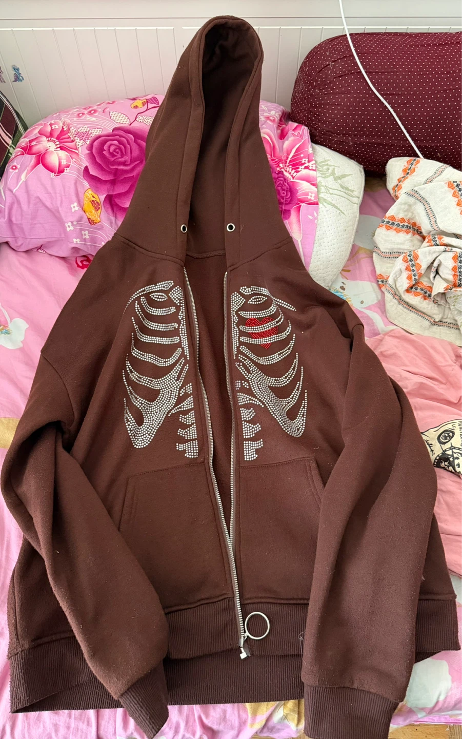 Brown Rhinestone Skeleton Zip-Up Hoodie