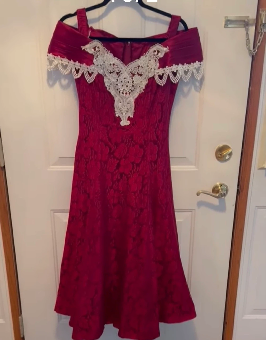 Michelangelo Red Lace Trim Off-the-Shoulder Dress
