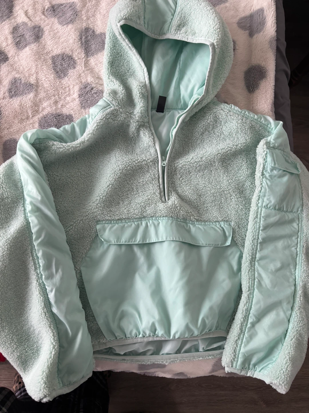 Mint Green Fuzzy Half-Zip Pullover Hoodie
