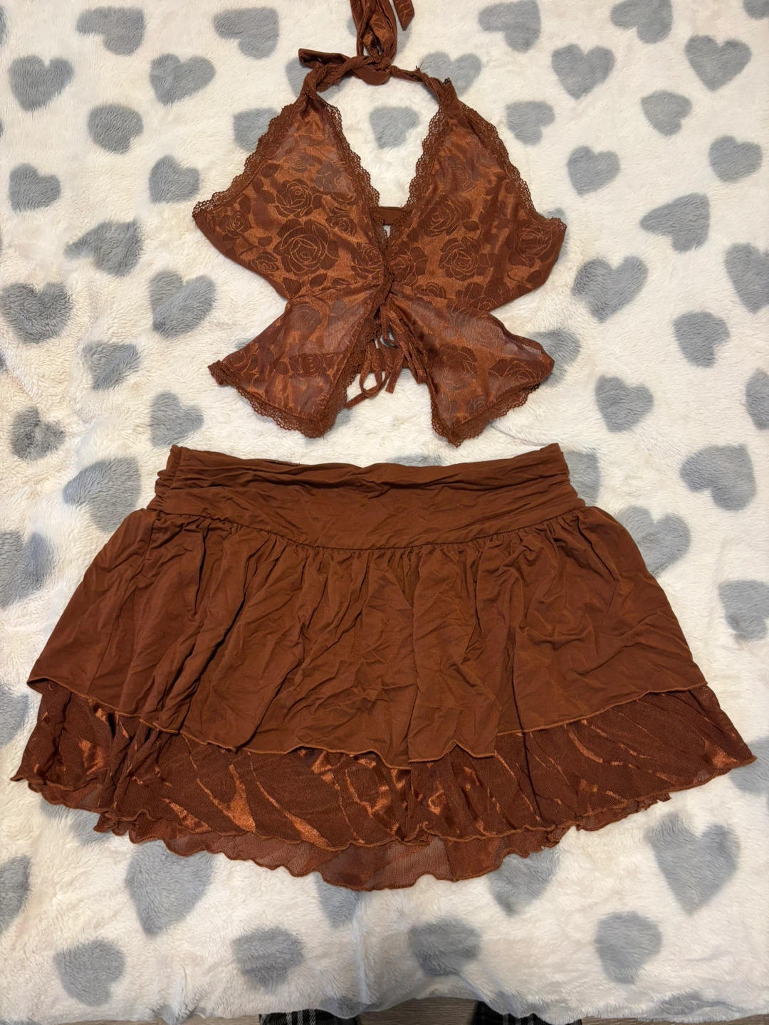 Brown Lace Halter Top and Ruffled Skirt Set