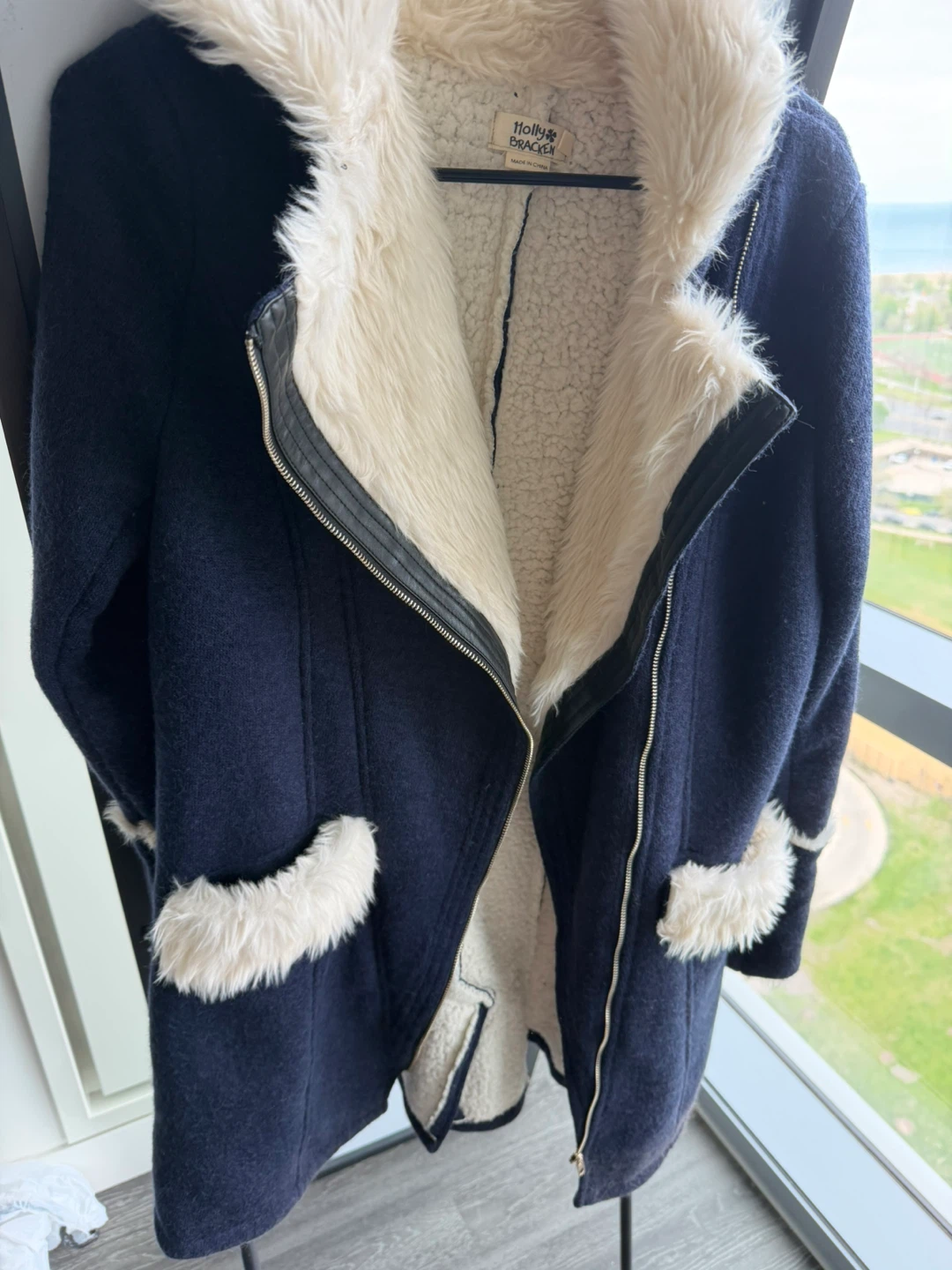 Molly Bracken Navy Blue Faux Fur Lined Coat Size S