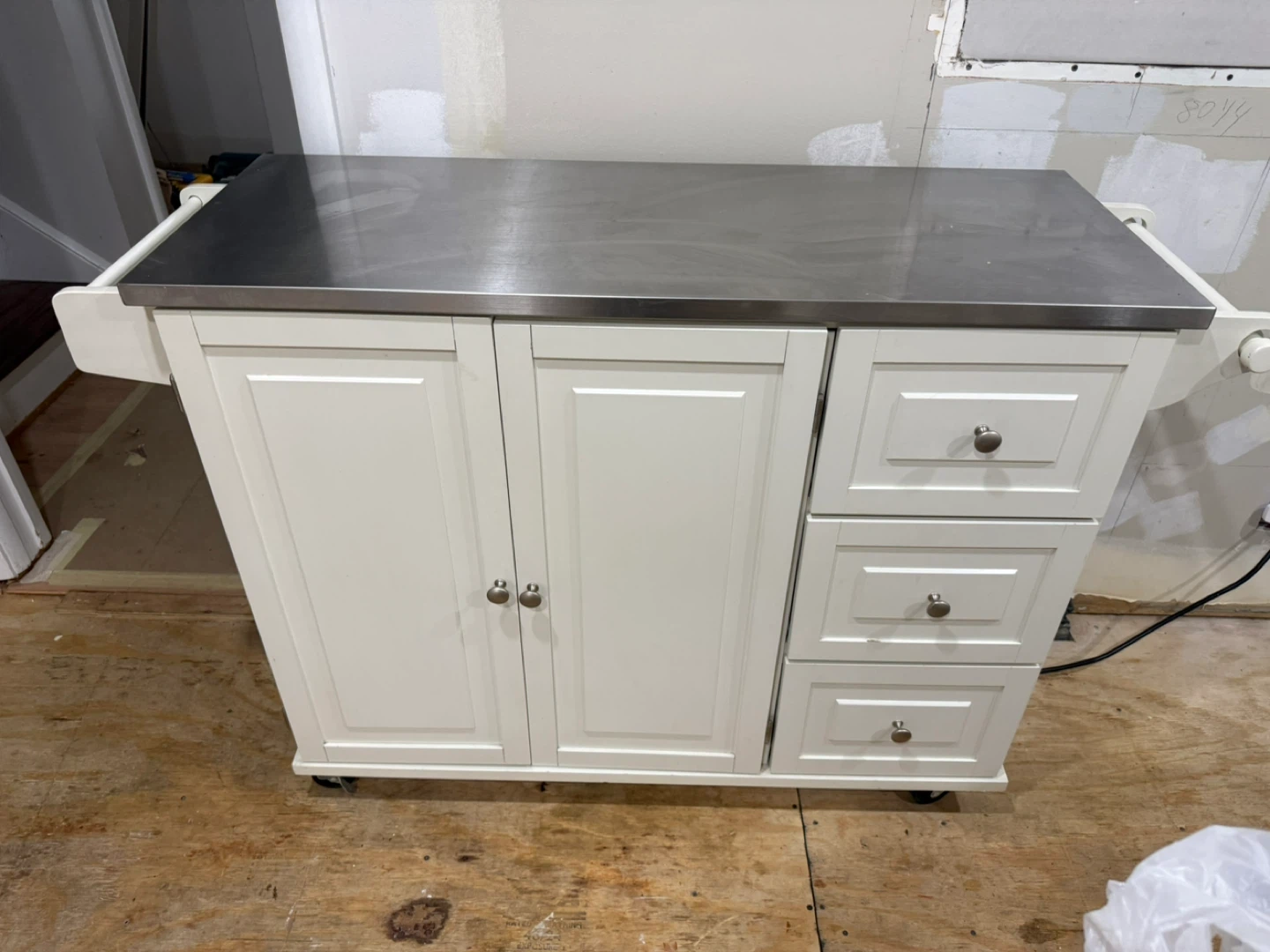 Cream Kitchen Island with Stainless Steel Top and Storage