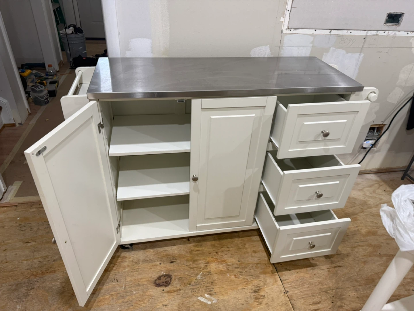 Cream Kitchen Island with Stainless Steel Top and Storage - photo 4