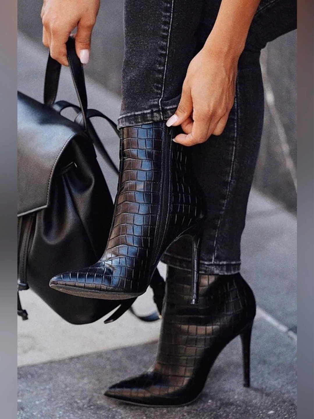 Black Croc Embossed Faux Leather Stiletto Heel Boots size 6