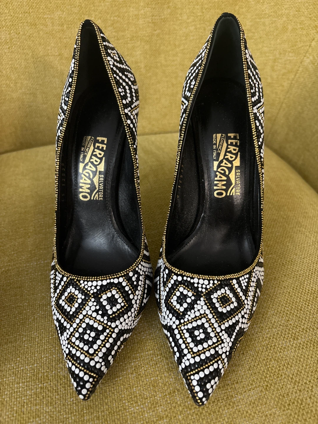 Salvatore Ferragamo Heels Black White Gold Beaded Pumps
