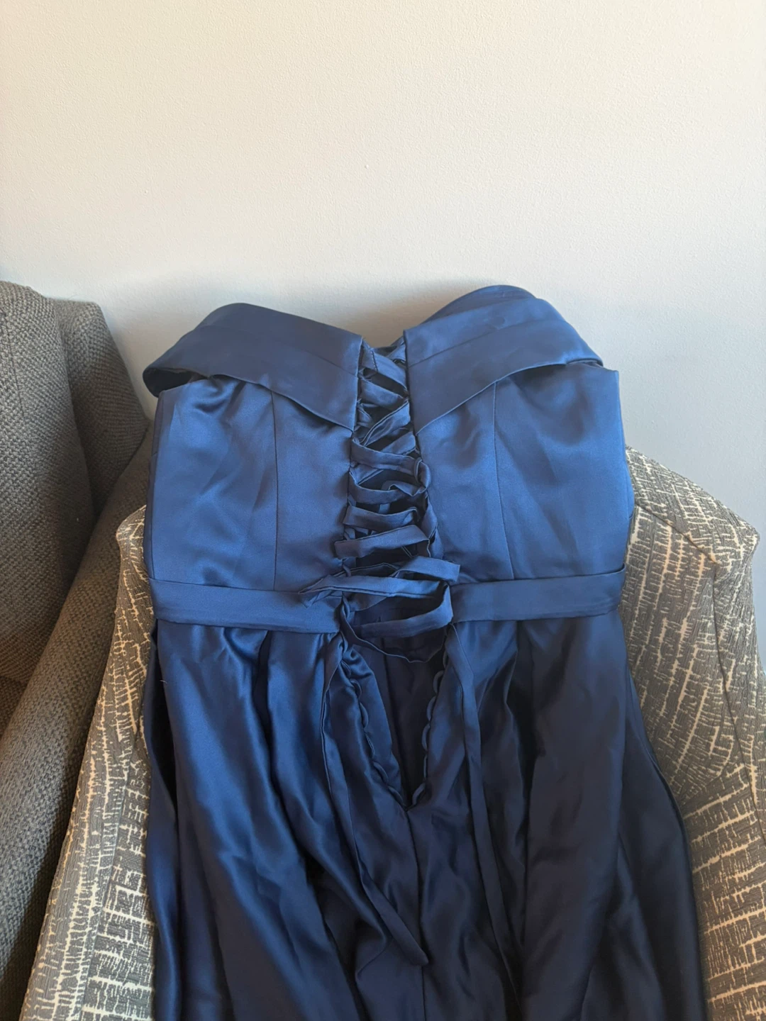 Navy Blue satin Off-the-Shoulder prom dress evening gown - photo 2