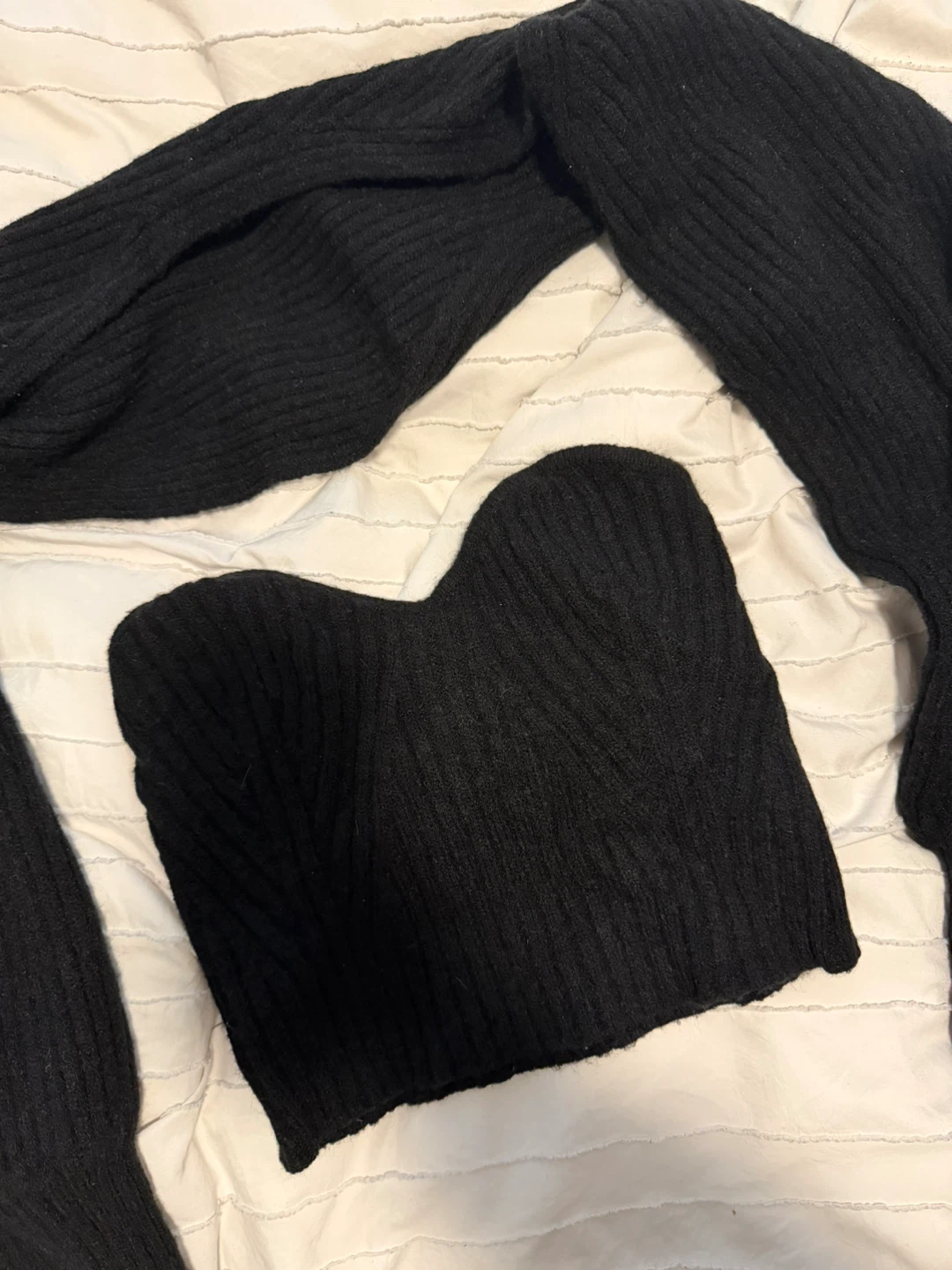 Black Ribbed Knit Cropped Corset Top with Sleeves - photo 2