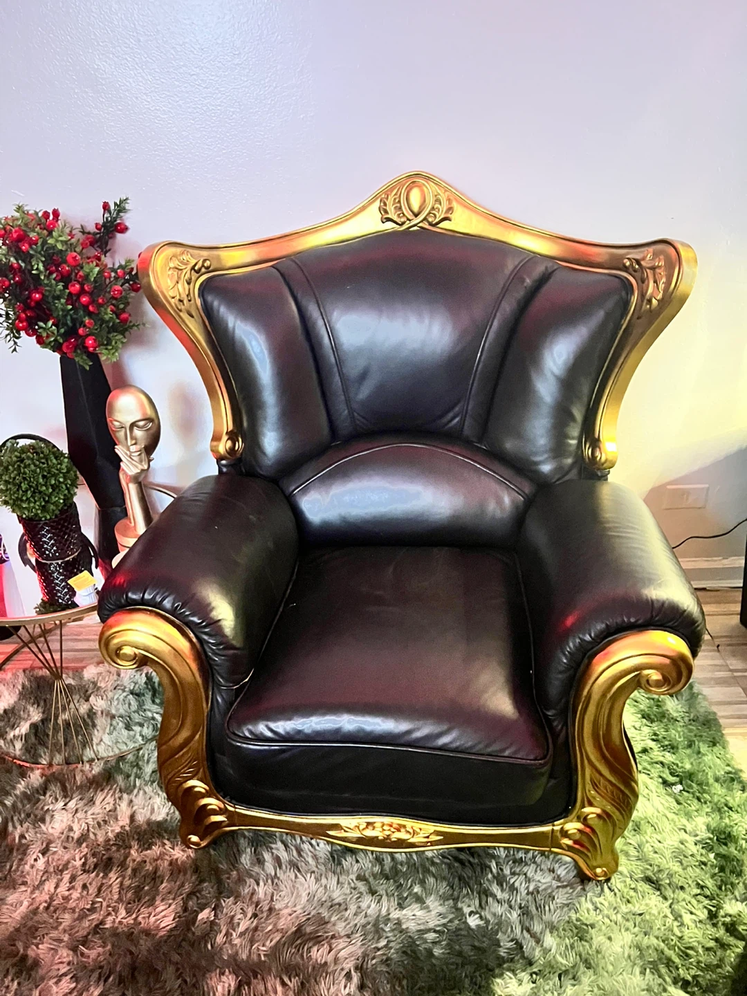 Black Leather Sofa with Gold Trim - photo 2