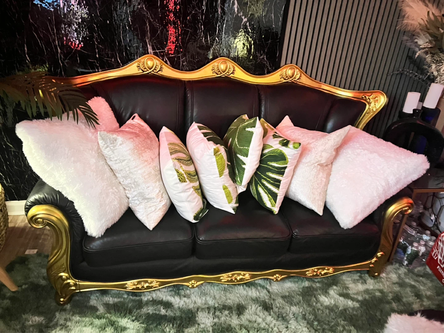 Black Leather Sofa with Gold Trim