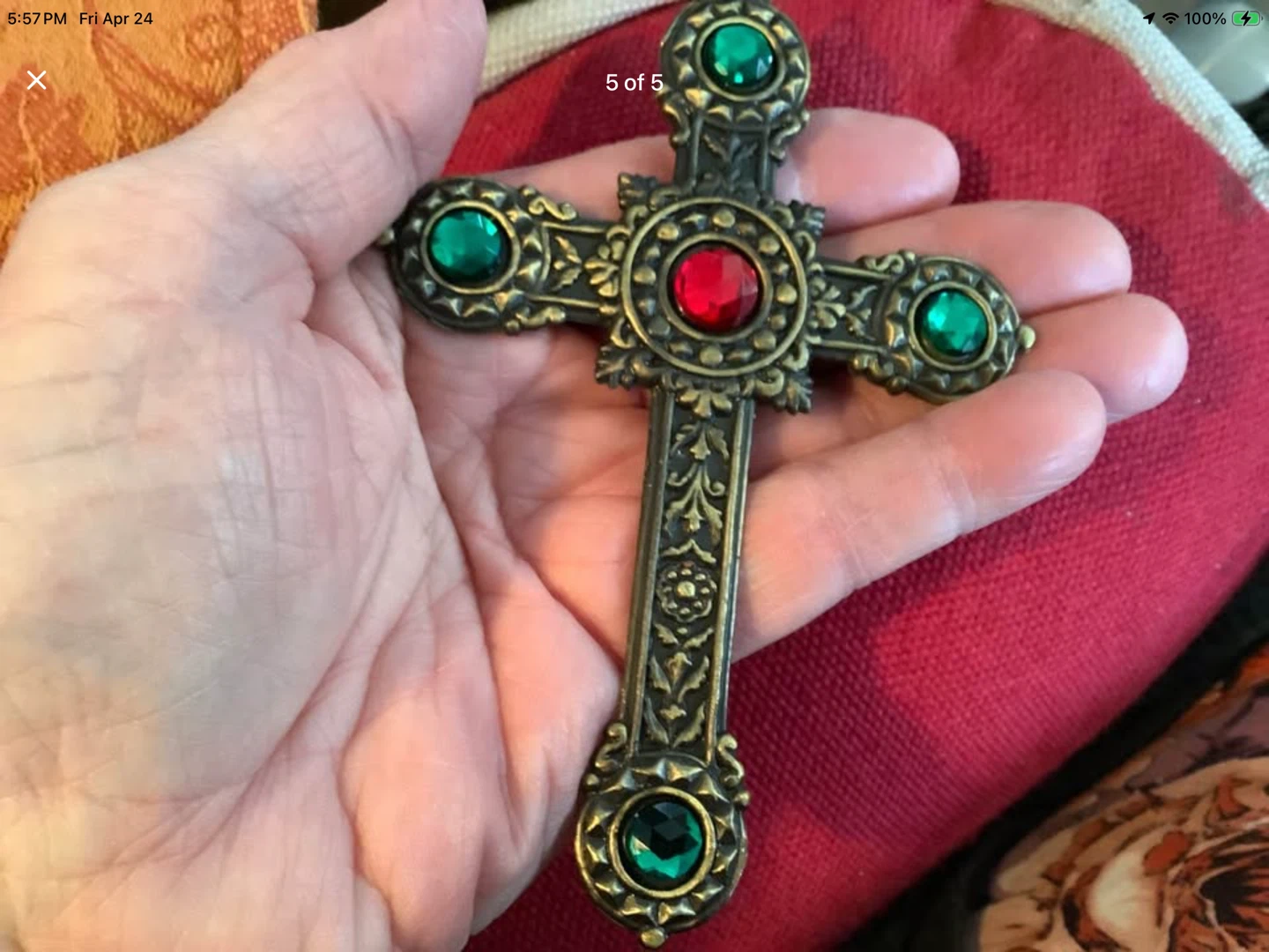 Vtg Ornate Brass Cross w 10 Rhinestones & Embossed Motifs 🐞 - photo 5