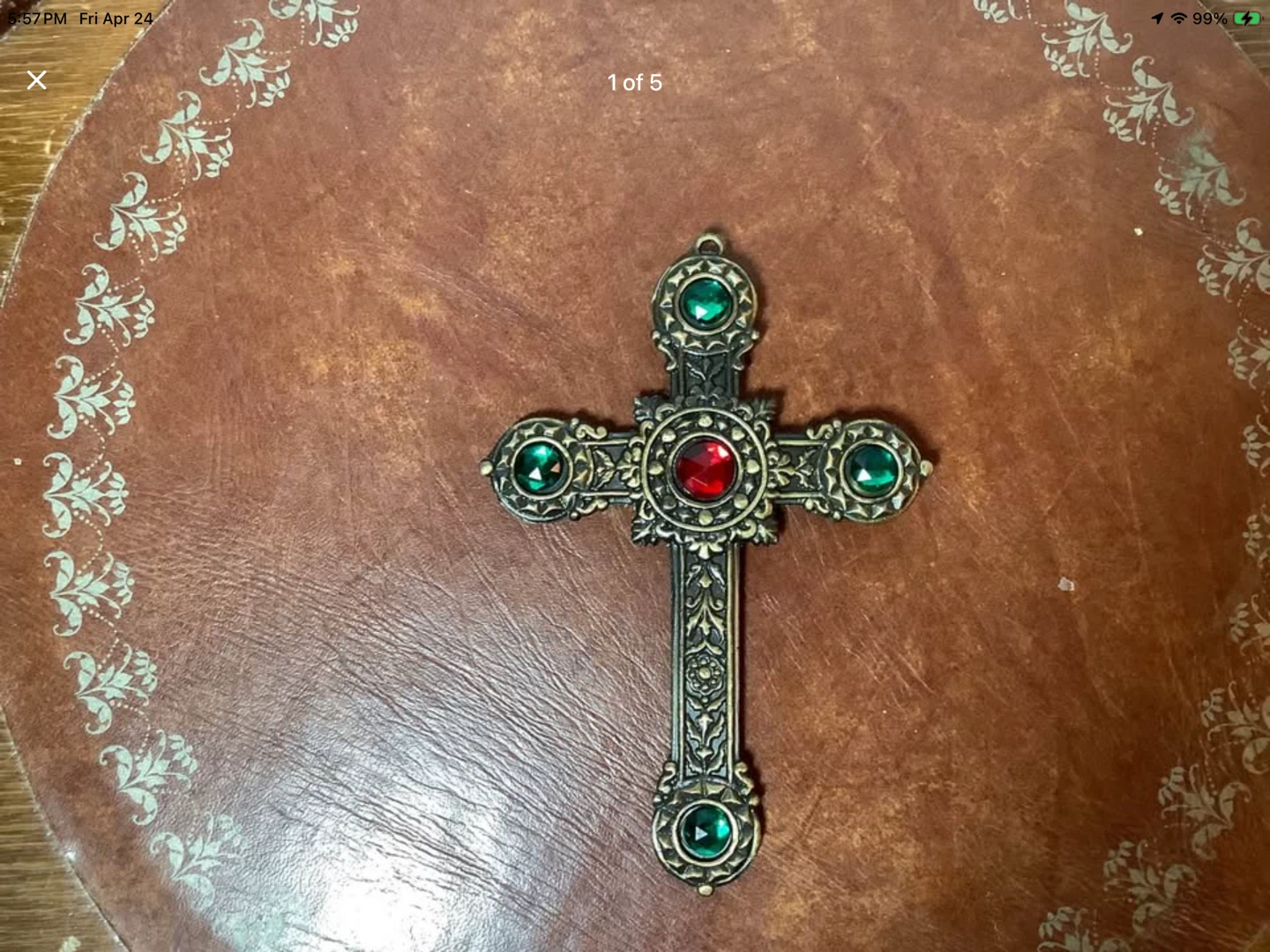 Vtg Ornate Brass Cross w 10 Rhinestones & Embossed Motifs 🐞