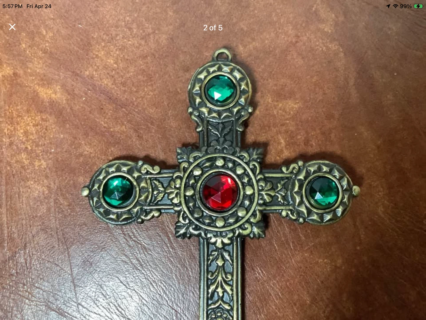 Vtg Ornate Brass Cross w 10 Rhinestones & Embossed Motifs 🐞 - photo 2
