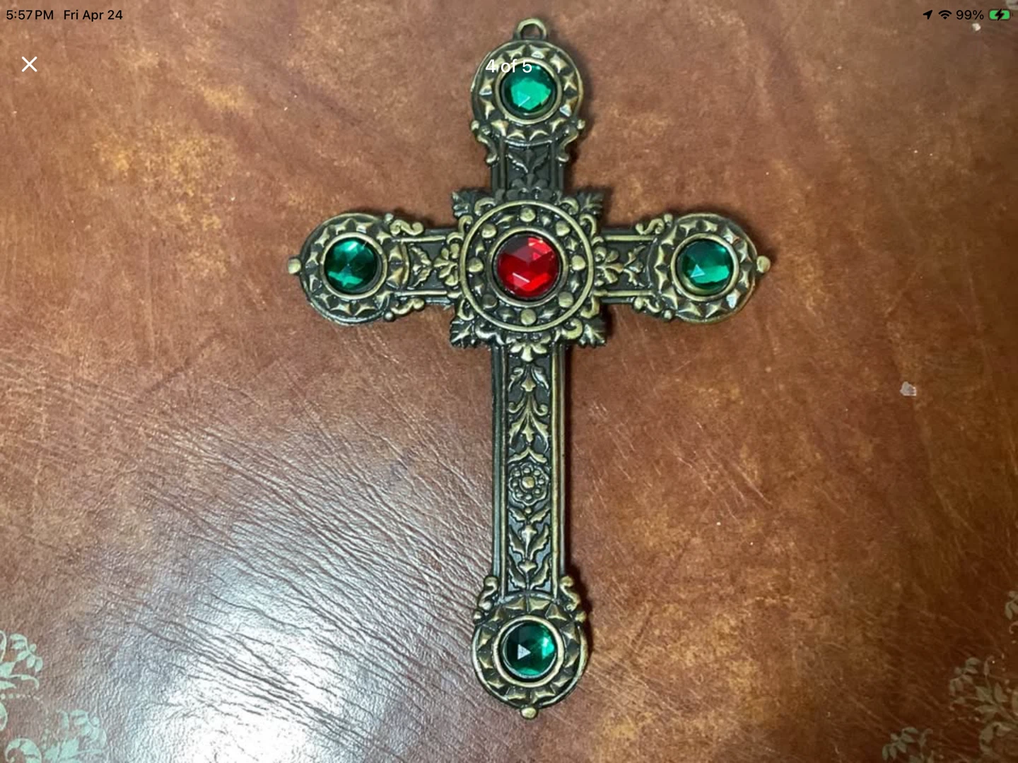 Vtg Ornate Brass Cross w 10 Rhinestones & Embossed Motifs 🐞 - photo 4