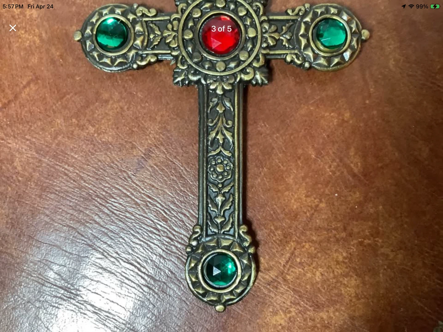 Vtg Ornate Brass Cross w 10 Rhinestones & Embossed Motifs 🐞 - photo 3