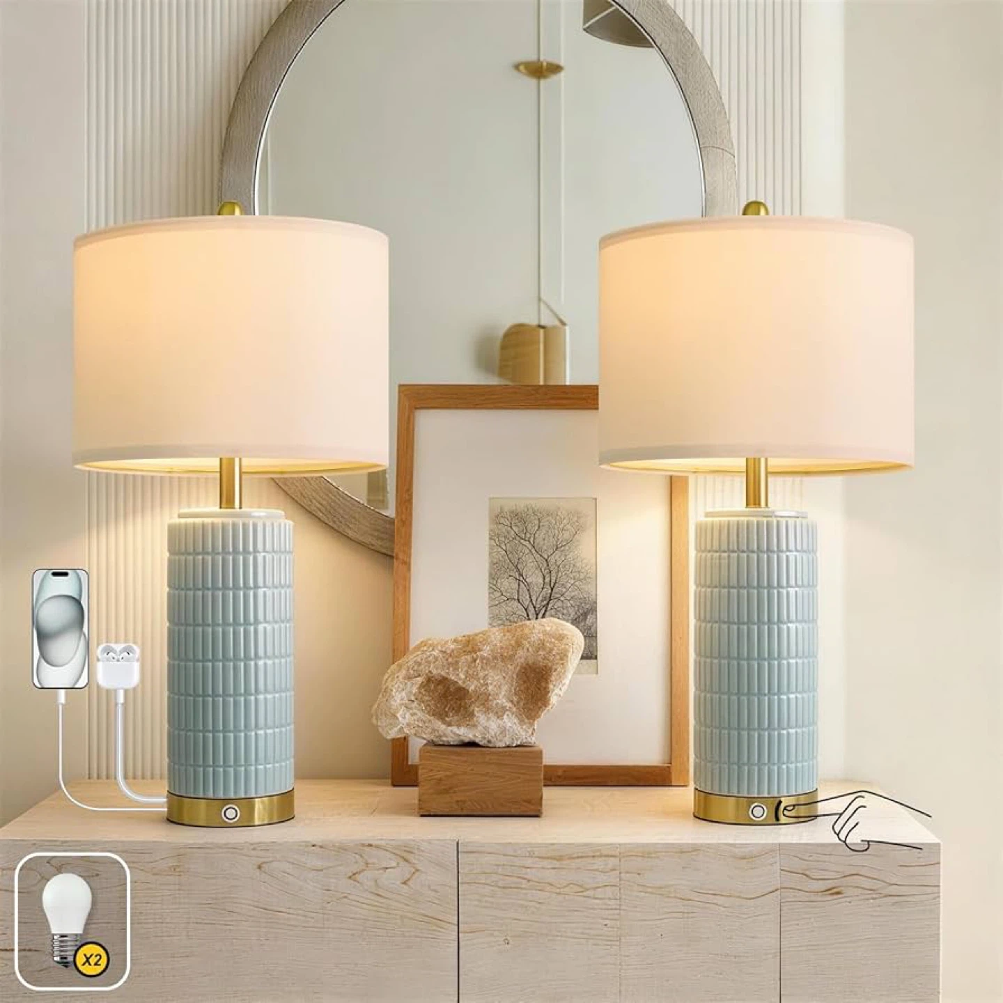 PoKat Table Lamps (Set of 2) - Blue Ceramic, Touch Dimmable