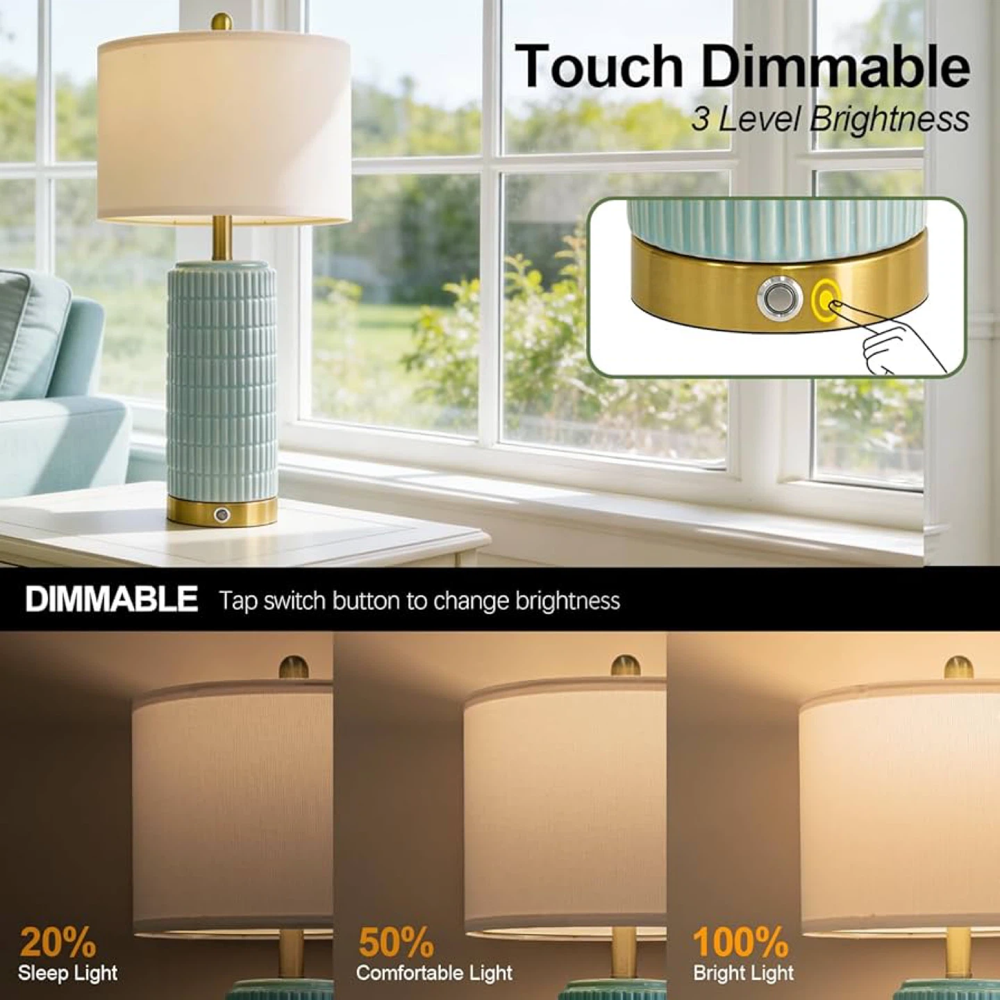 PoKat Table Lamps (Set of 2) - Blue Ceramic, Touch Dimmable - photo 3