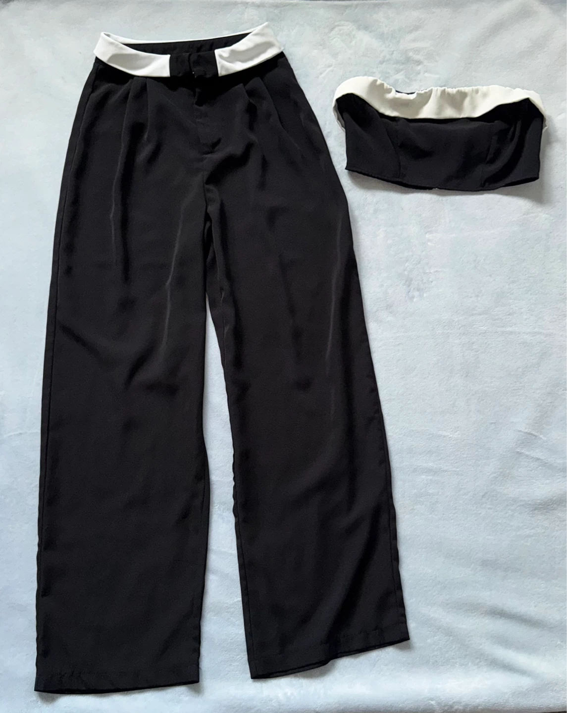 SHEIN Black and White Strapless Crop Top and Wide Leg Pants