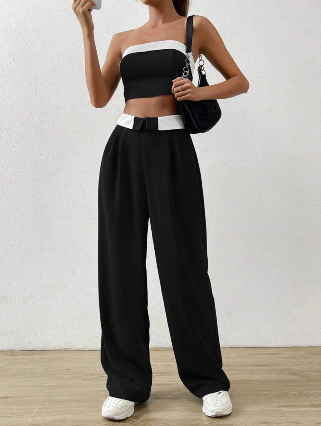 SHEIN Black and White Strapless Crop Top and Wide Leg Pants - photo 3