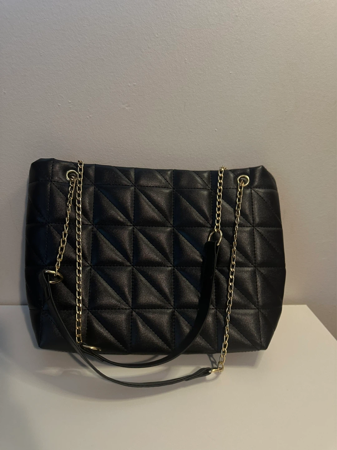 Black Quilted Tote Bag with Gold Chain