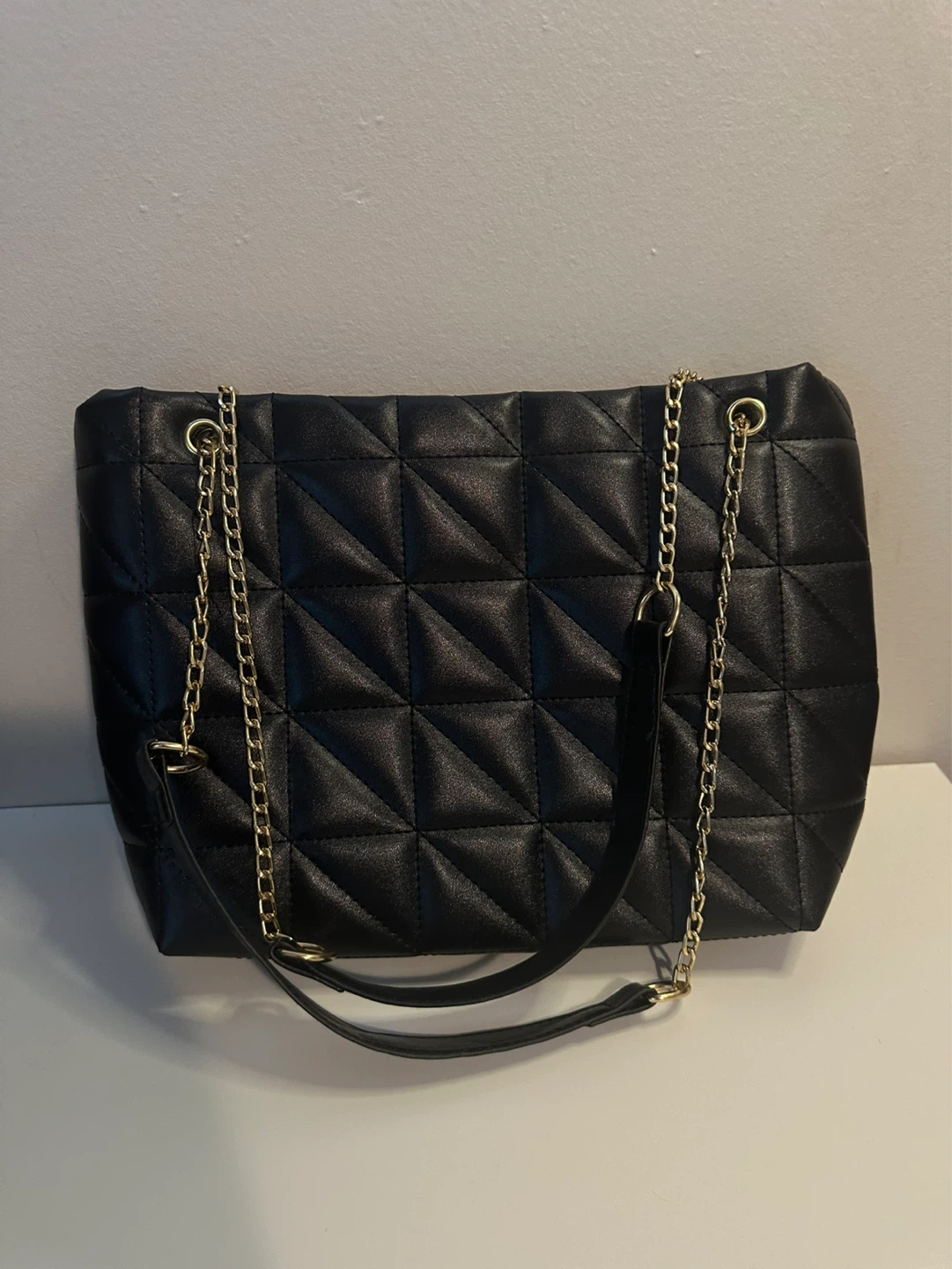 Black Quilted Tote Bag with Gold Chain - photo 2