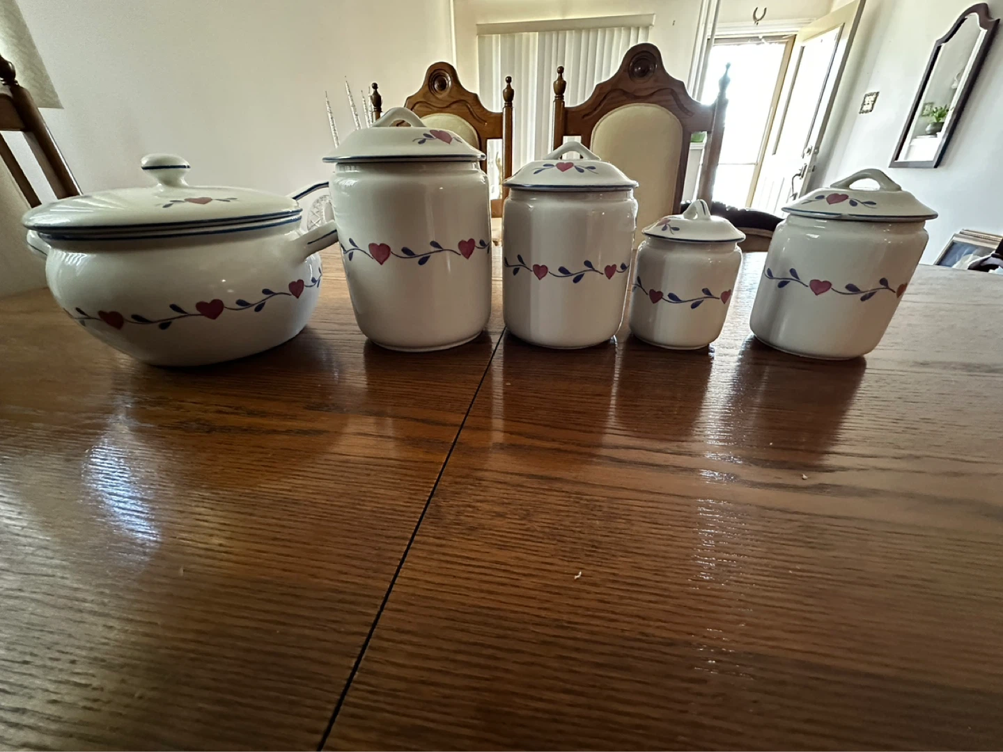 White Ceramic Canister Set with Hearts and Vines Design