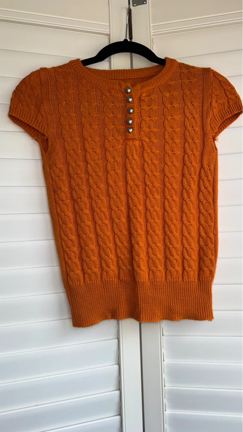 Vintage Orange Cable Knit Short Sleeve Sweater