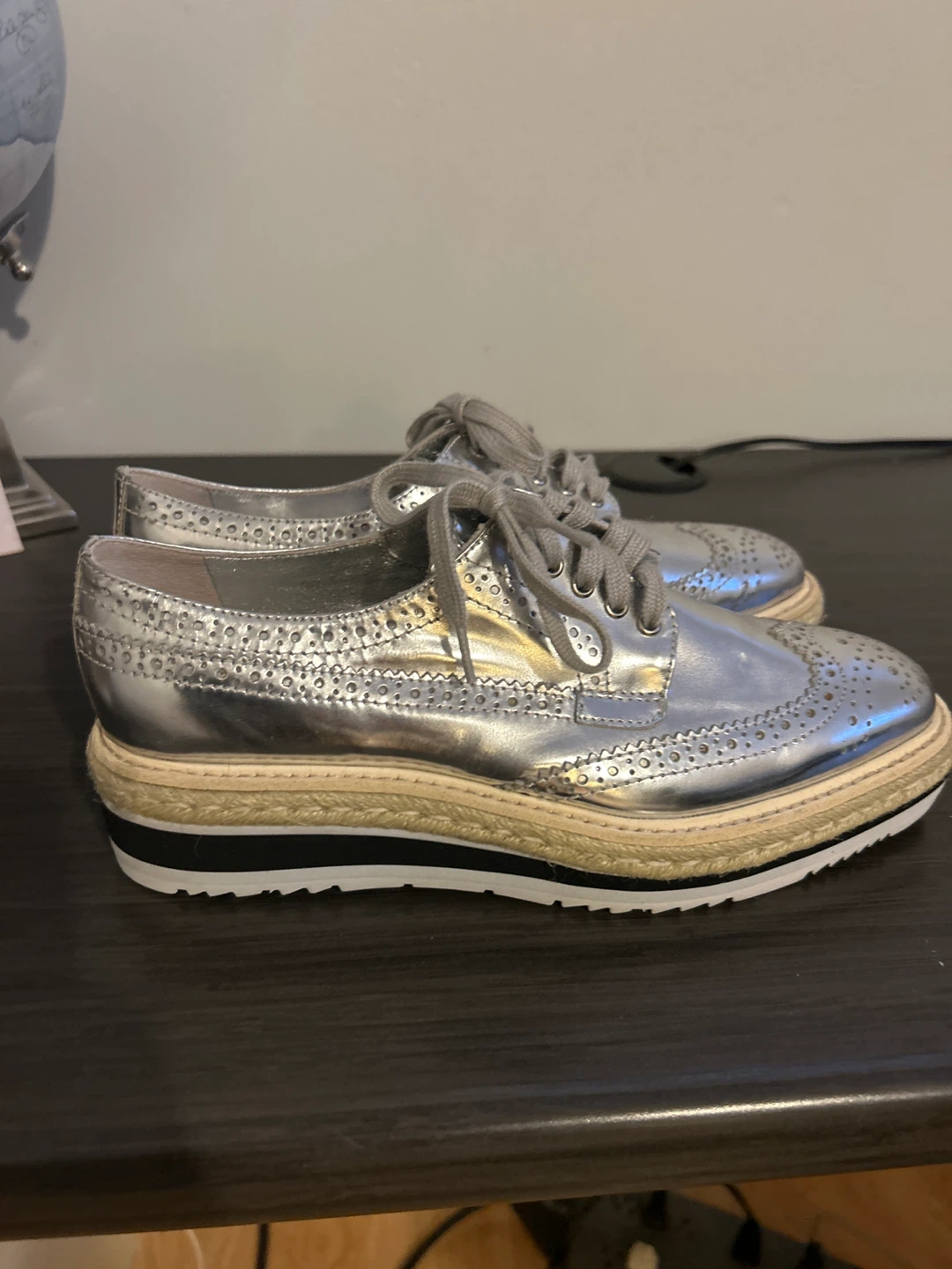 Prada Silver Metallic Brogues Espadrille Platform Shoes - photo 2