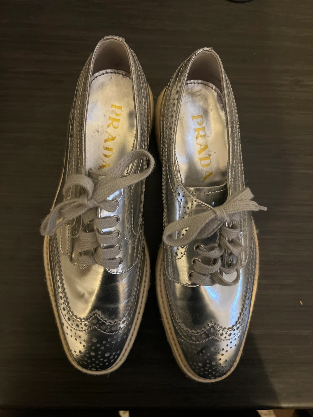 Prada Silver Metallic Brogues Espadrille Platform Shoes