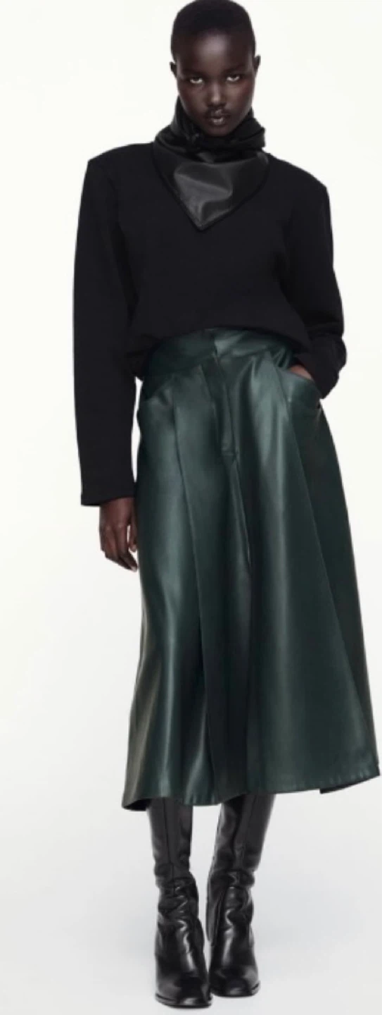 ZARA Faux Leather Midi Skirt - Green, Size M