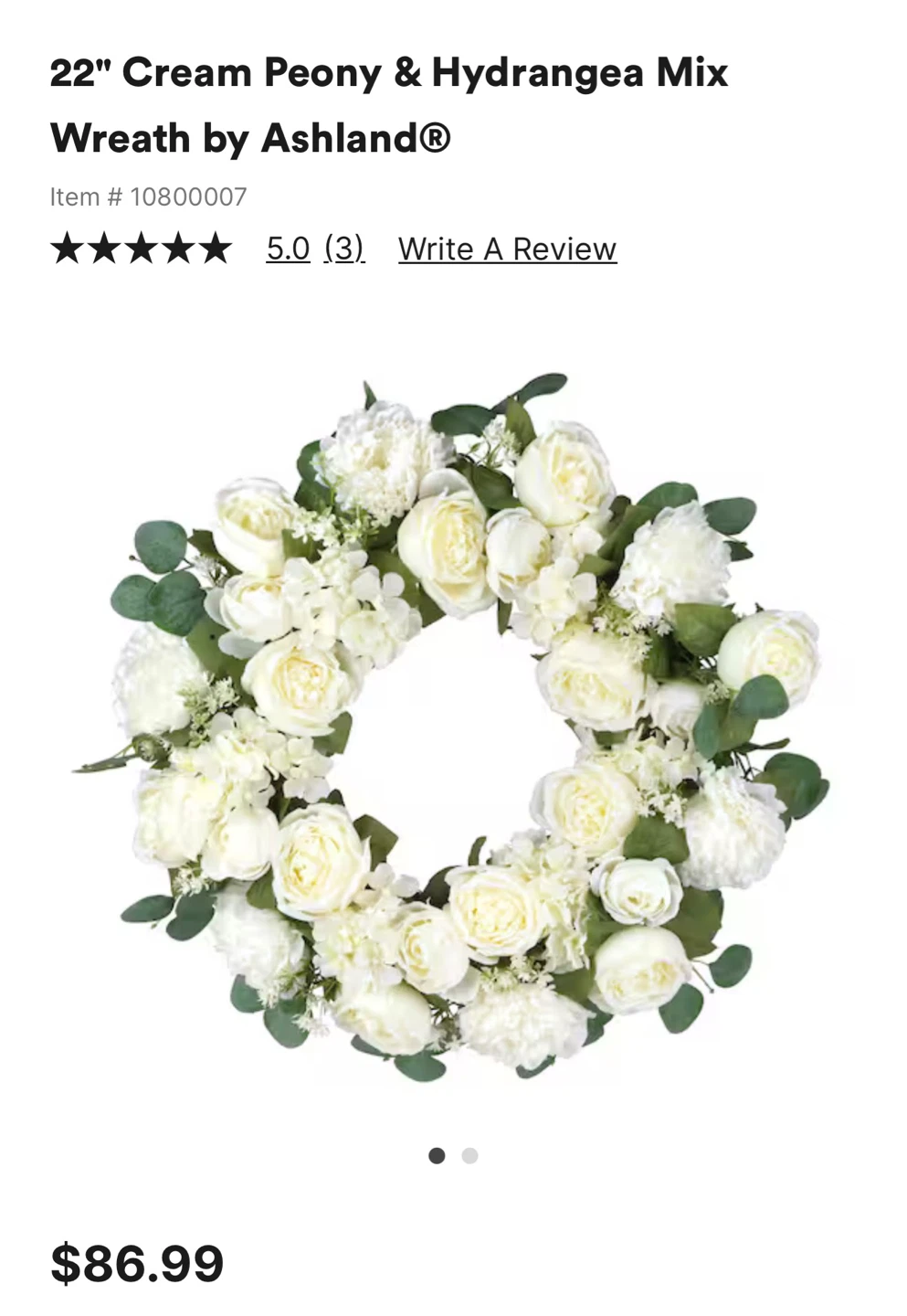 22" Cream Peony & Hydrangea Mix Wreath by Ashland