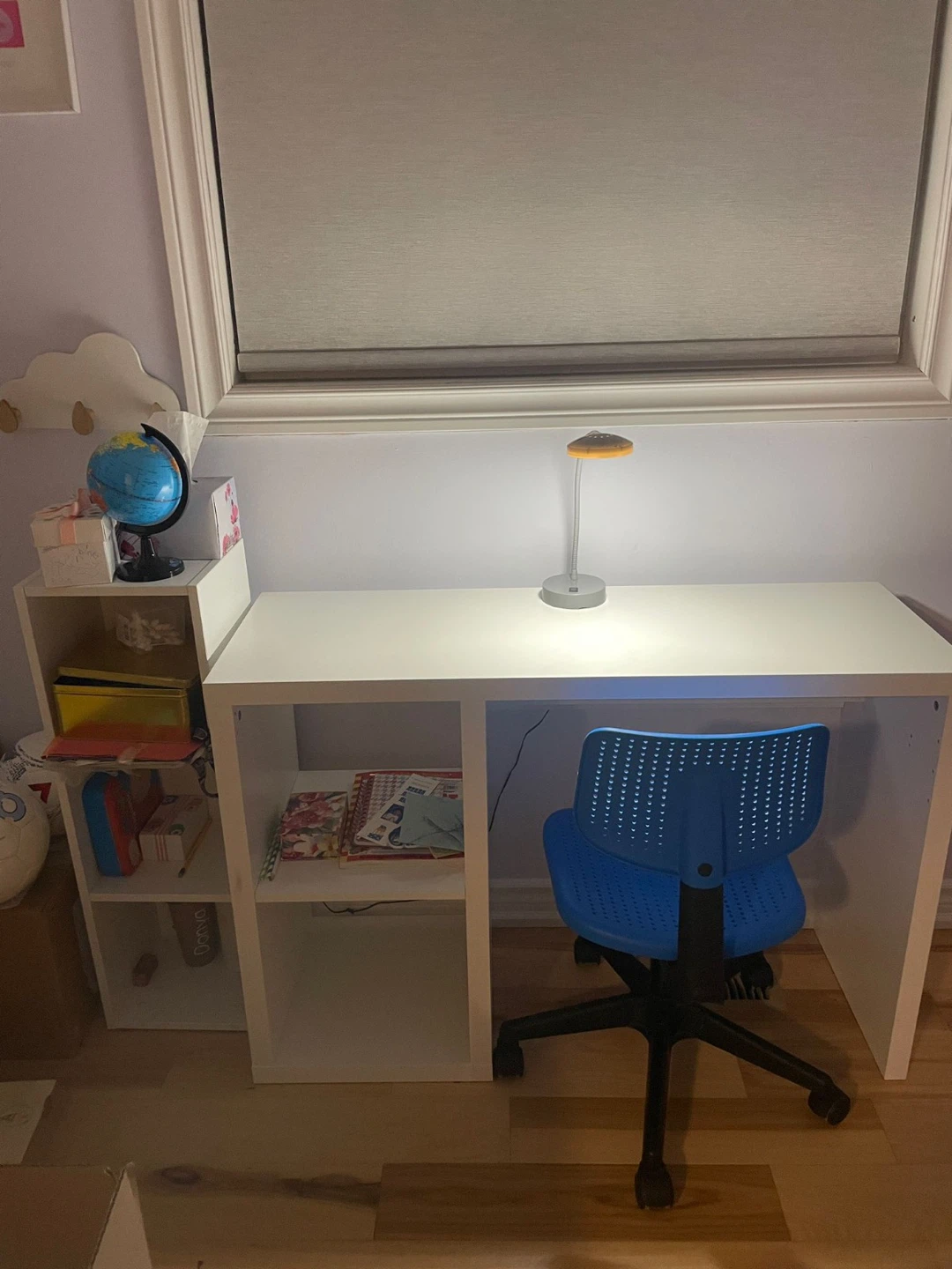 IKEA White Desk,side shelves & Blue Swivel Chair and Lamp