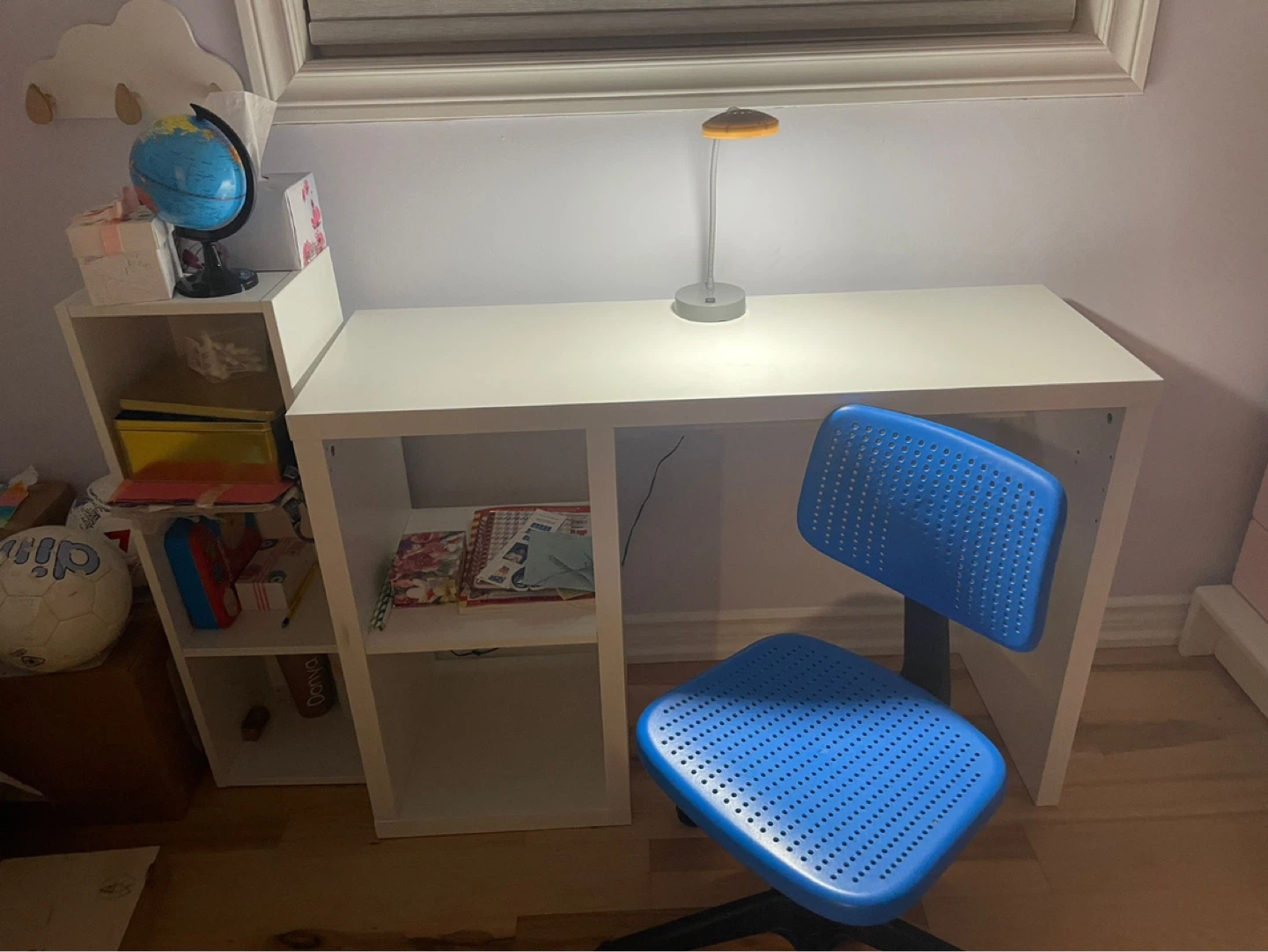 IKEA White Desk,side shelves & Blue Swivel Chair and Lamp - photo 2