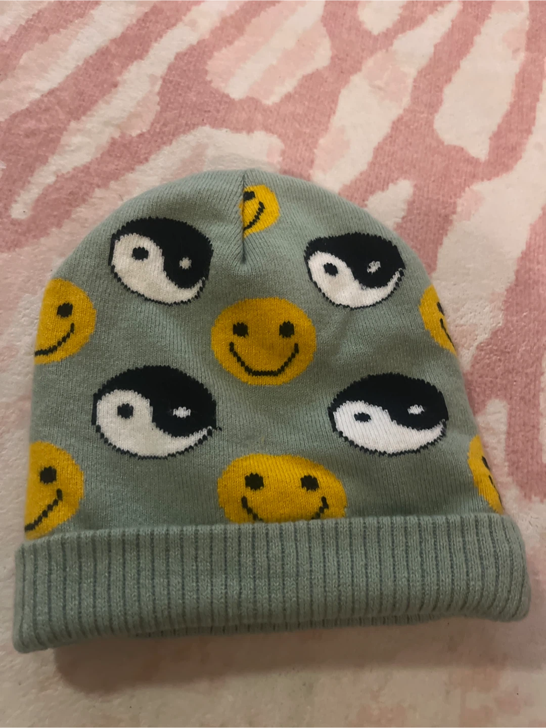 Light green Beanie with Yin Yang and Smiley Face Pattern