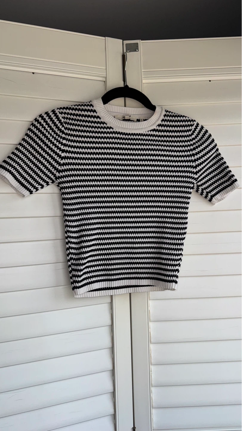 Koton Black and White Striped Short Sleeve Sweater