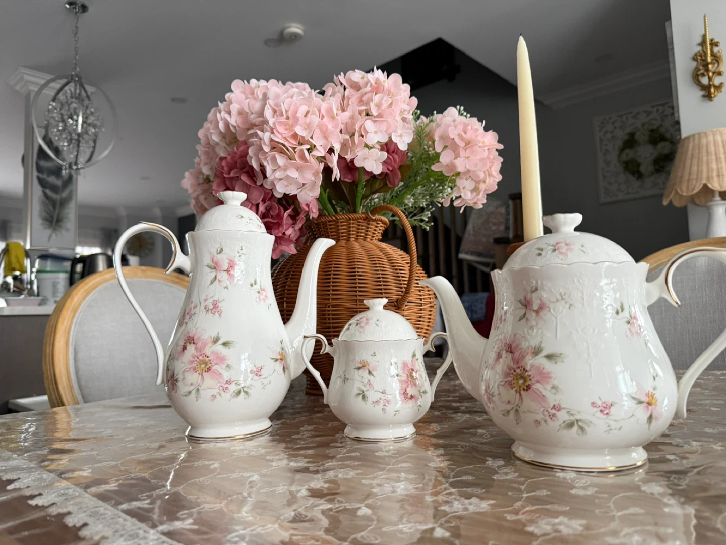 Royal Albert White Porcelain Teapot Set with Pink Floral Design