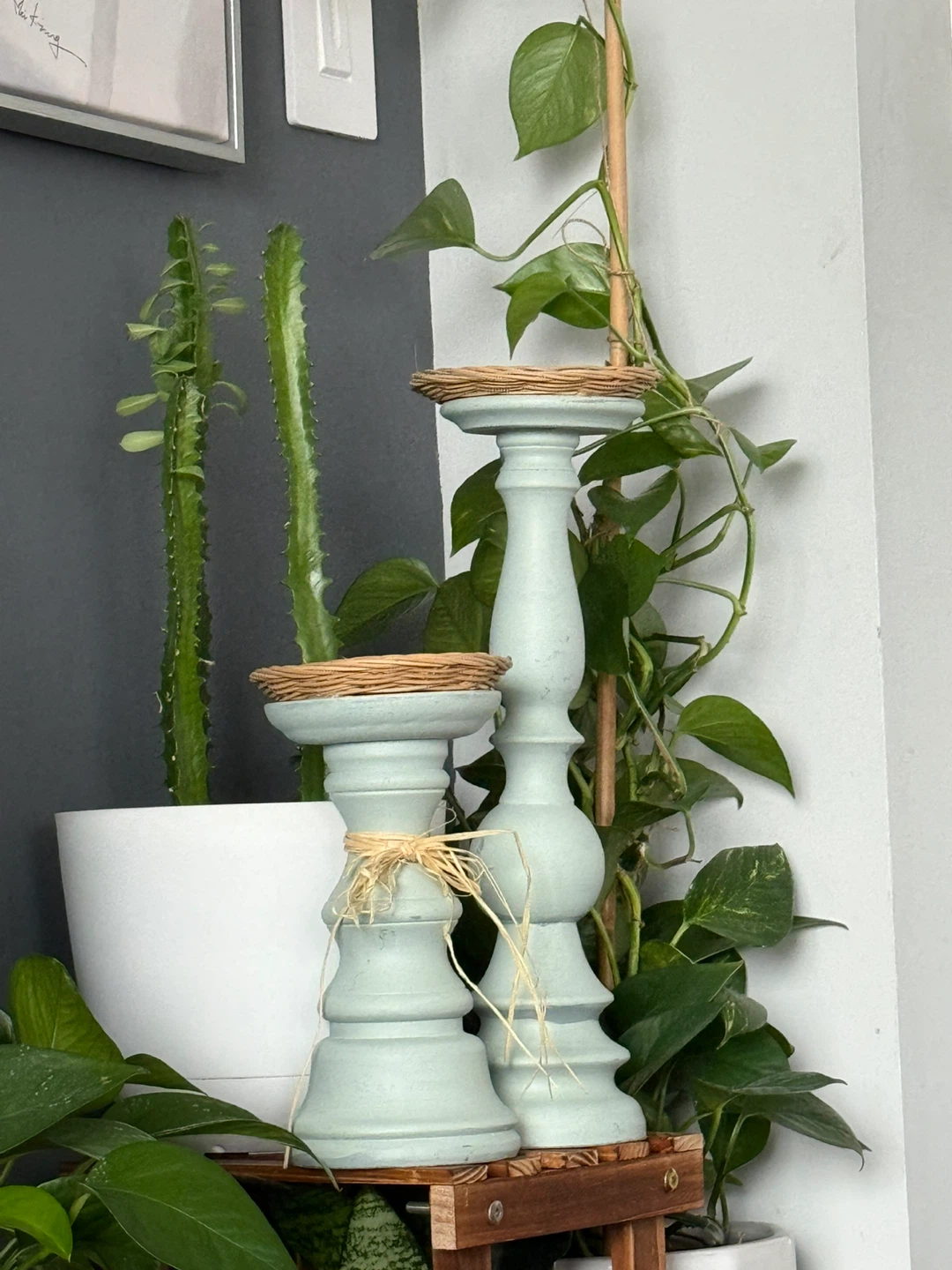 Set of 2 Light Blue Pillar Candle Holders with Rattan Tops