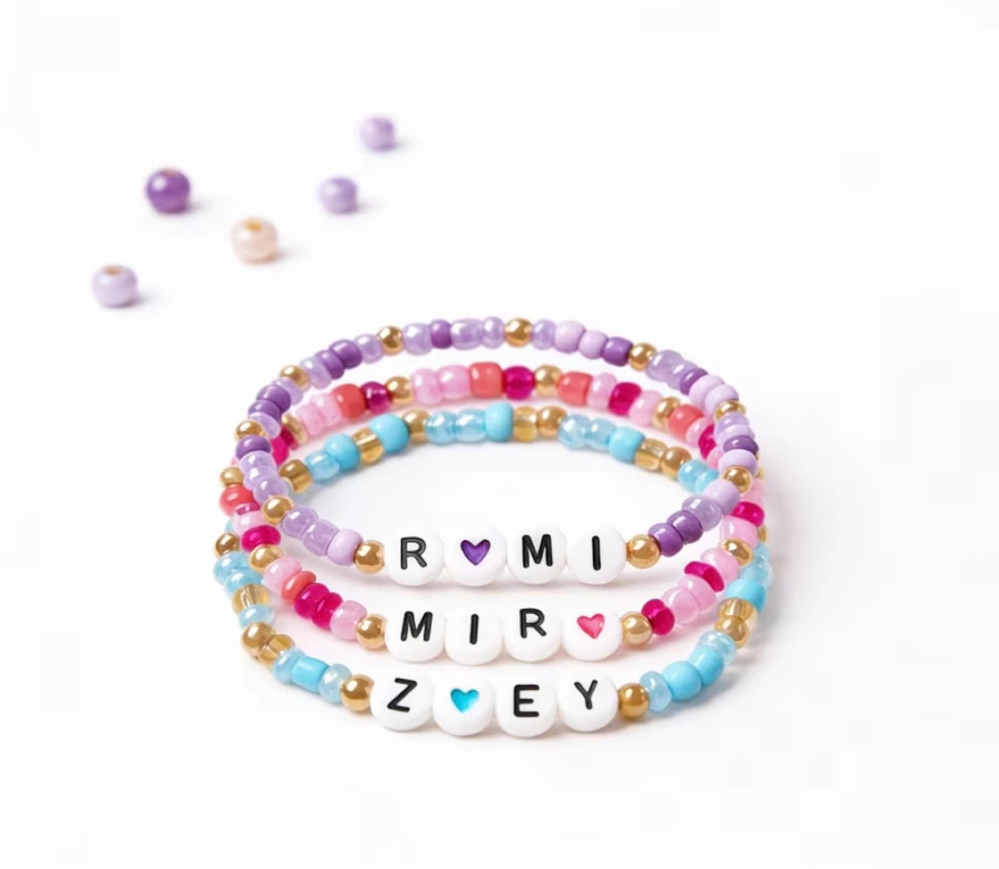 Beaded Name Bracelets - Purple, Pink & Blue