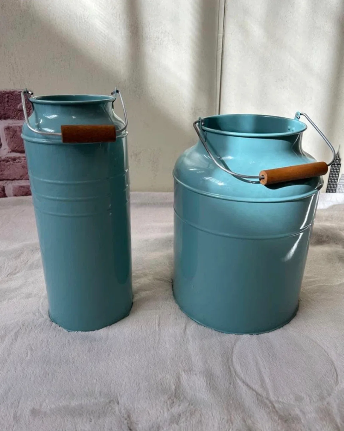 Teal Metal Milk Can Vase with Wood Handles