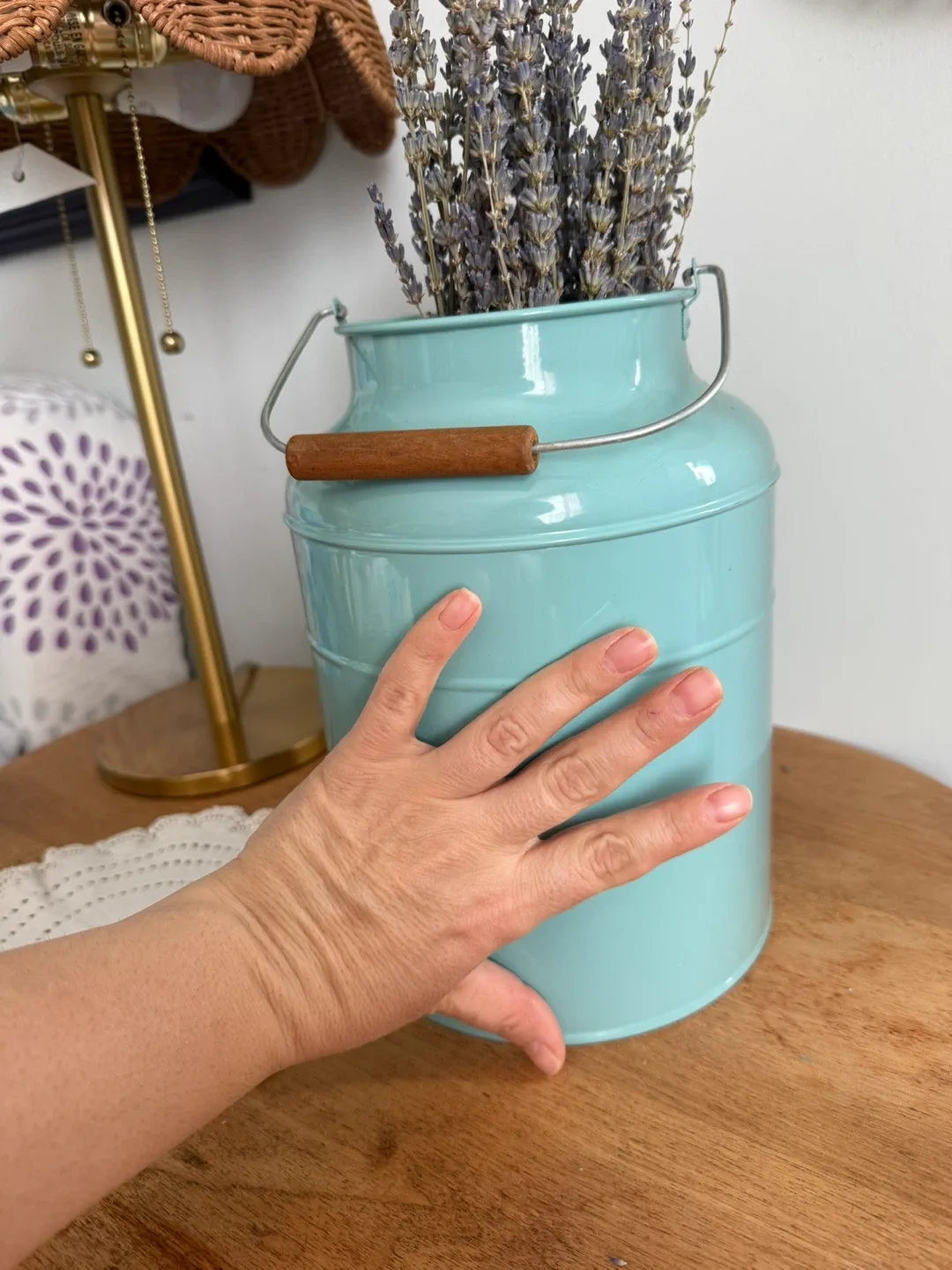 Teal Metal Milk Can Vase with Wood Handles - photo 4